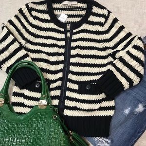 LOFT Navy & Cream Striped Zip Cardigan - Nautical